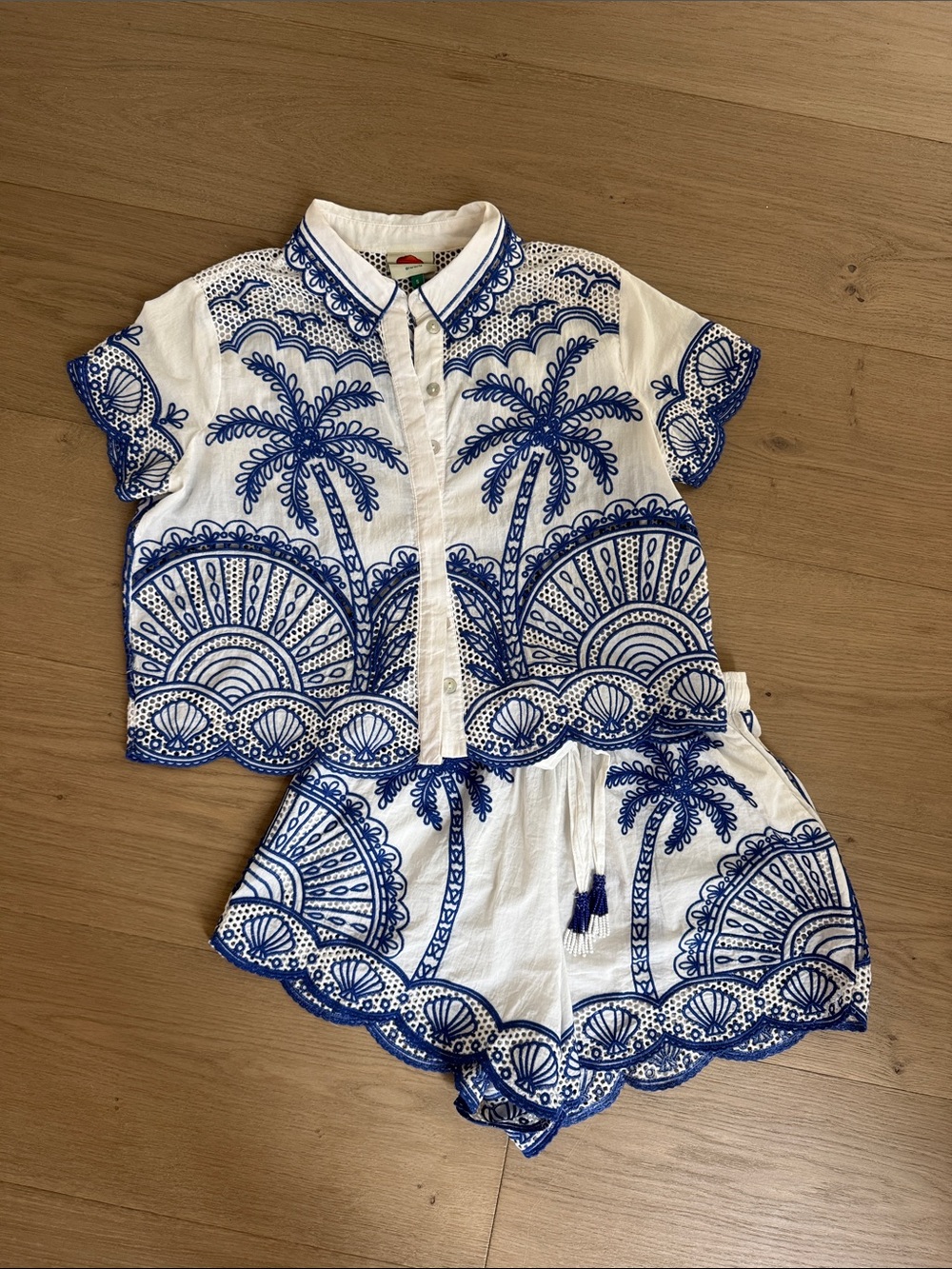 FARM Rio Blue Palm Trees Embroidered Shirt & Palm Trees Shorts size S